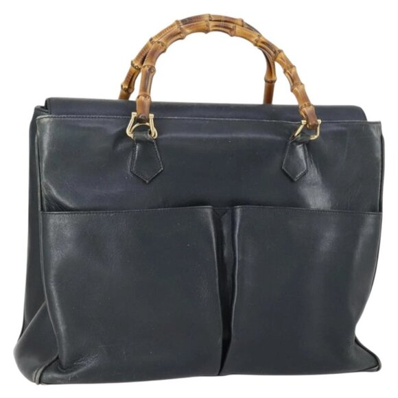 GUCCI Bamboo Tote Bag Leather Black Gold Auth